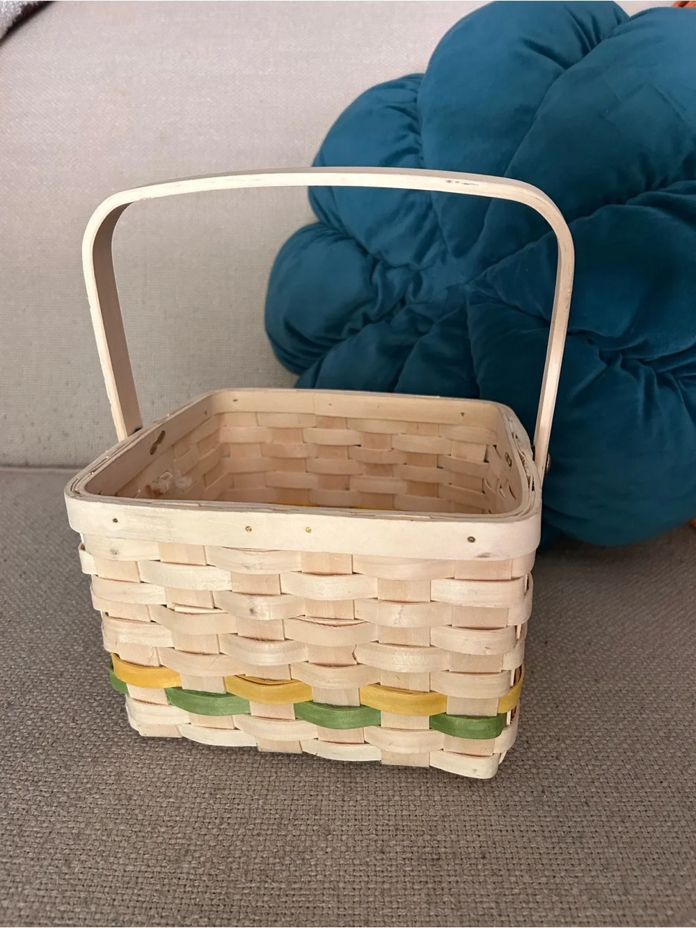 Small Woven Wood Storage Wicker Basket w/ Handle Green Yellow Spring Easter